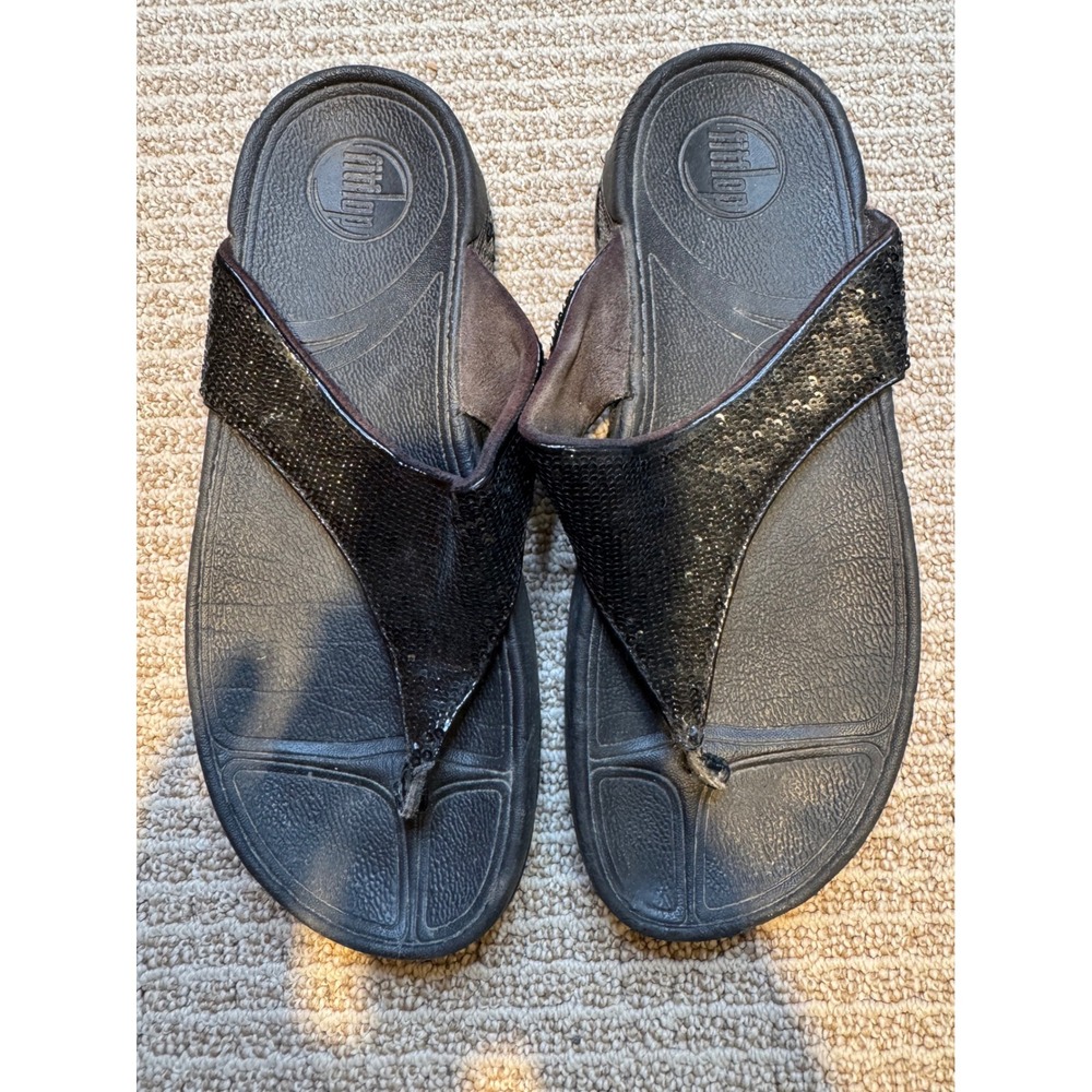 FitFlop Electra Black Sequin Thong Sandals‎ Womens Size 8